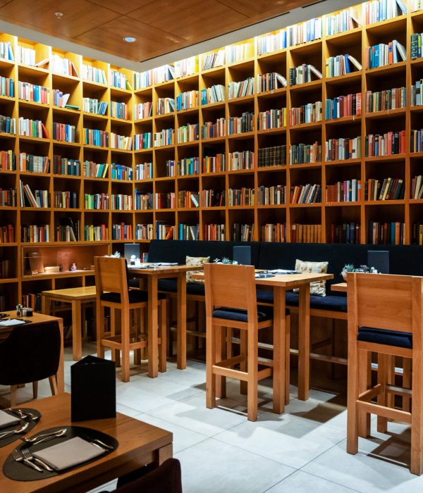 Interior of a cafe Frankfurt, Germany. Bookshelves